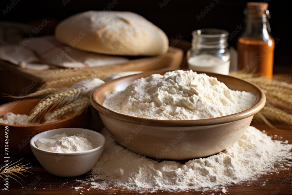 Bowl of flour and wheat on wooden table. Selective focus