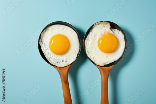 Fried eggs in wooden bowl on blue background. Top view.	
