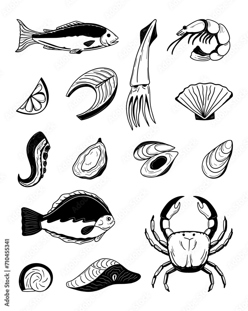sketch fish, crab, oysters, tuna. Salmon steak with lemon. Vector illustration