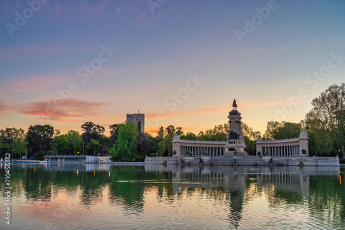 Madrid Spain  sunrise city skyline at El Retiro Park