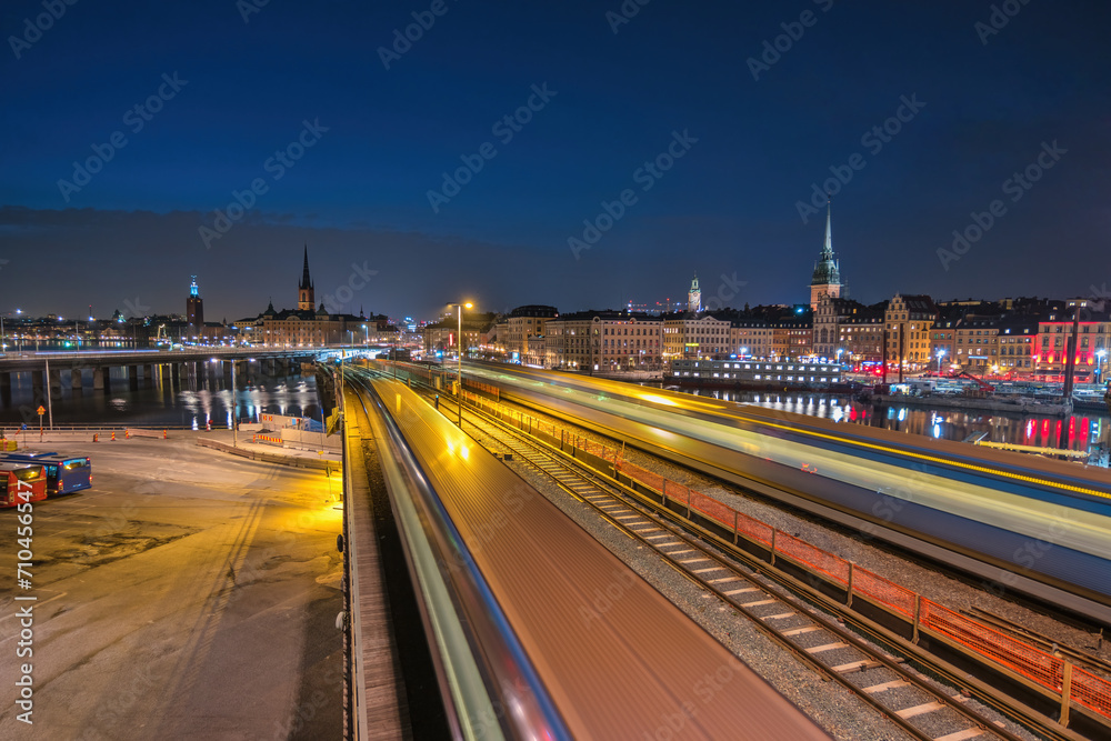 Fototapeta premium Stockholm Sweden, night city skyline at Stockholm City Hall and Gamla Stan