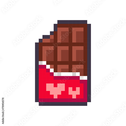 Chocolate bar pixel icon isolated on white background. Bitten chocolate in a red package with heart. Vector illustration of Valentine's Day elements in 8 bit style.