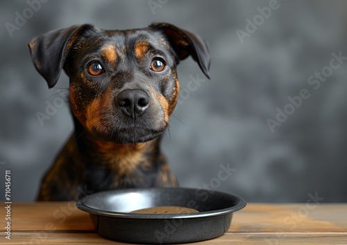 Perrito pequeño manchas Stanford Bull Terrier, premiado sorpresa, galleta en el plato de metal, fondo gris jaspeado, orden de comida, sentado de frente izquierda, copy espacio, mascota monada ternura photo