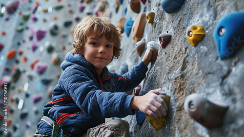athletic boy in sportswear climbs a climbing wall with belay, sports ground, training, climber, rock relief, healthy lifestyle, active recreation, hobby, energetic person, muscles, height, agility