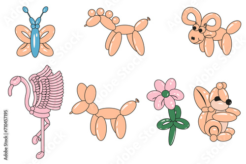 Air Balloon animals set and Bubble sticker. Flamingo dog flower butterfly horse sheep in trendy retro Y2k style. Graffiti Vector illustration EPS 10 Editable stroke