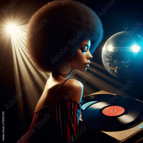70’s funky atmosphere, woman with vinyl records photo