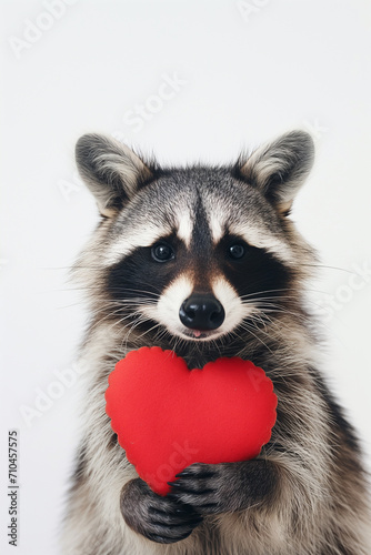 Raccoon with heart on red background. Valentine's day. Congratulations.  © Nell