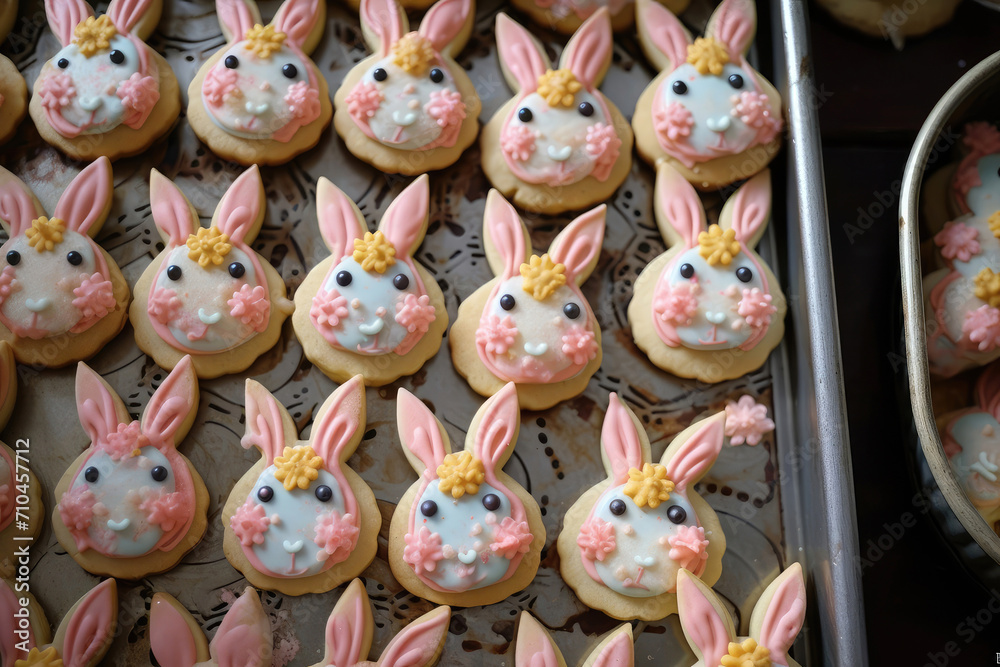 Top view, tray of biscuits in the shape of Easter bunnies Top view, tray of biscuits in the shape of Easter bunnies