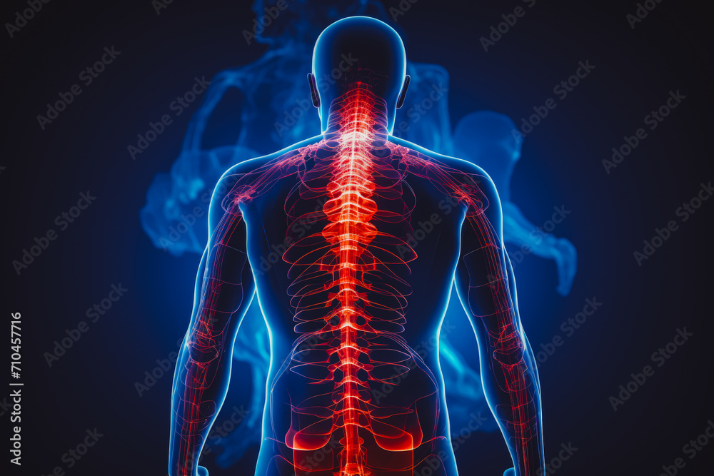 Acute pain in back, colored in red on dark blue background. Showing possible parts of spine where short-term pain can occur.