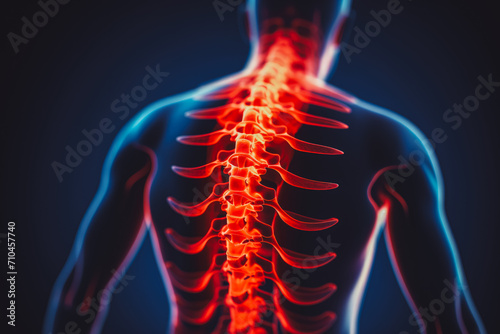 Acute pain in back, colored in red on dark blue background. Showing possible parts of spine where short-term pain can occur.