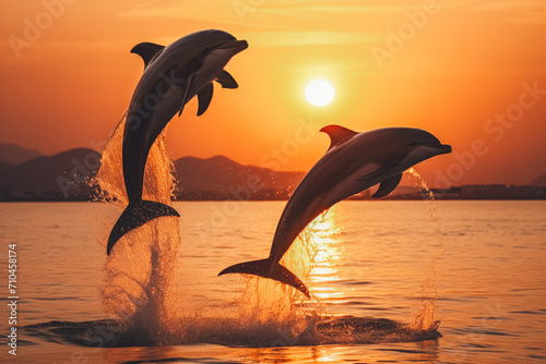 Dolphins jumping out from the ocean in the evening. Beautiful sunset creating orange colored sky in the background. © VisualProduction