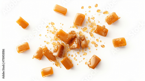 Falling toffee caramel candies isolated on white background