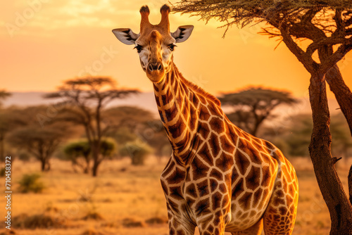 Masai giraffe in Tanzania standing in the sunset. In the environment is visible African flora and natural landscape. © VisualProduction