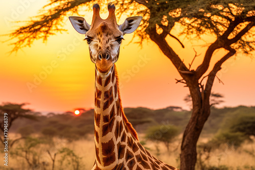 Masai giraffe in Tanzania standing in the sunset. In the environment is visible African flora and natural landscape.