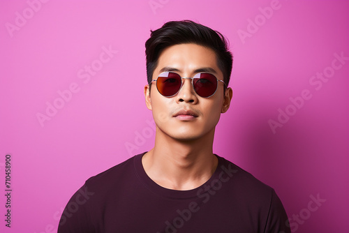 portrait of asian handsom man in sunglassess on colour background 