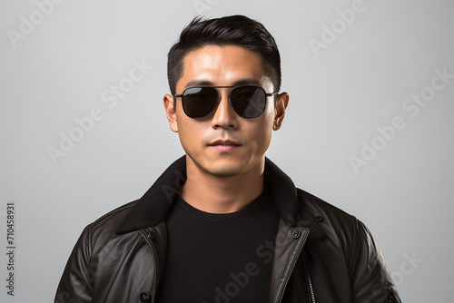 portrait of asian handsom man in sunglassess on colour background 