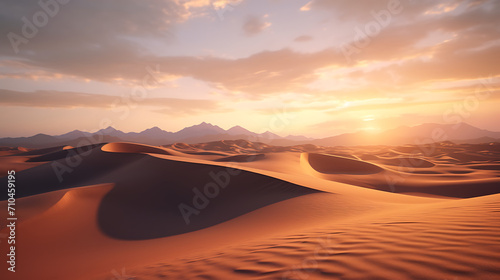  a desert landscape at dusk, with the warm tones of the setting sun casting long shadows on the sand dunes, creating a captivating scene in realistic HD