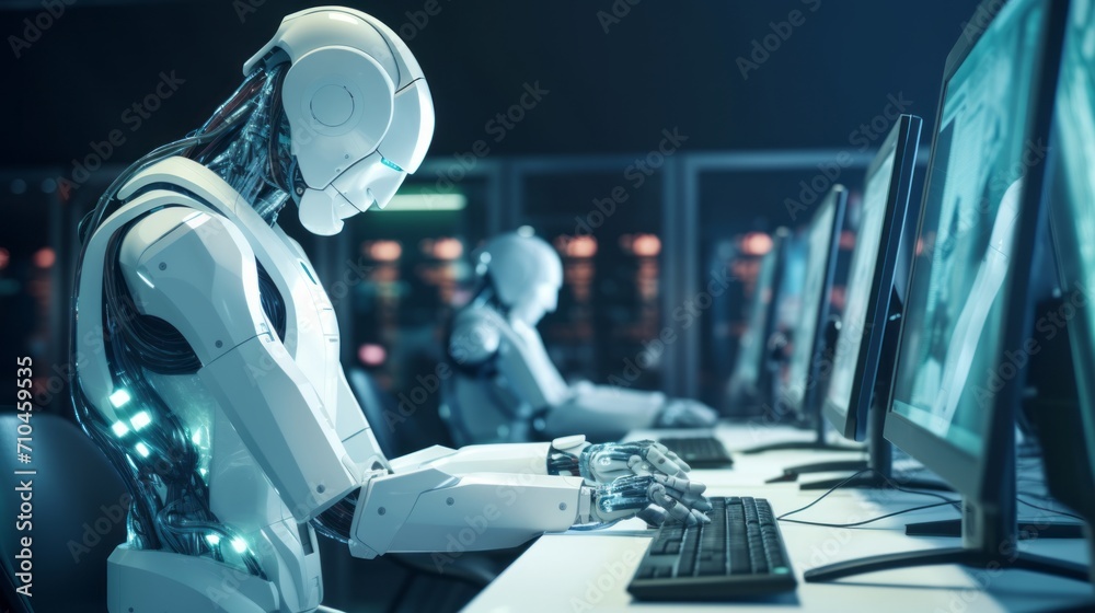 High-tech humanoid: ai in action with white robot at computer and monitor in lab