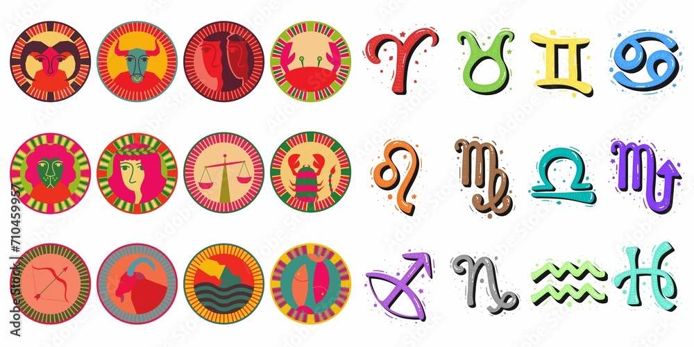 Set of vintage signs with zodiac symbols, collection with colorful tribal symbols. cartoon vector icons. collection of different colors.