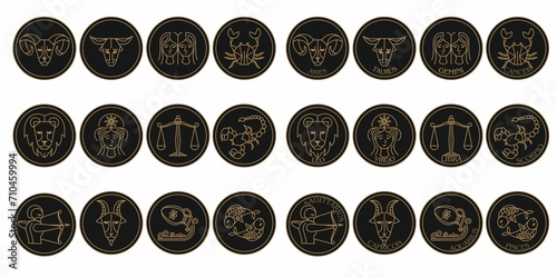 a set of black and gold zodiac signs on a white background