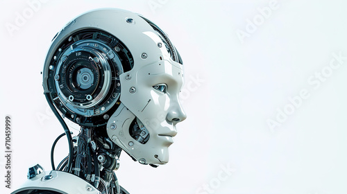 AI robot against a white background, he listens to Music with interest, stock image © Irina