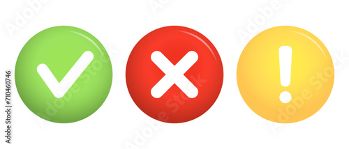 Green tick sign, red cross icon and yellow warning sign. Isolated check marks, checklist signs, approval icon. Vector photo