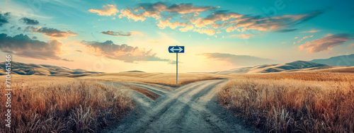 A symbolic scene at a rural crossroads, where two diverging dirt paths split under a directional sign against a backdrop of rolling golden hills and a captivating sky at sunset photo