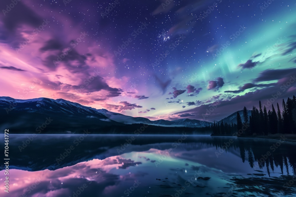 Beautiful aurora sky and lake. Generative AI Beautiful aurora sky and lake. Generative AI