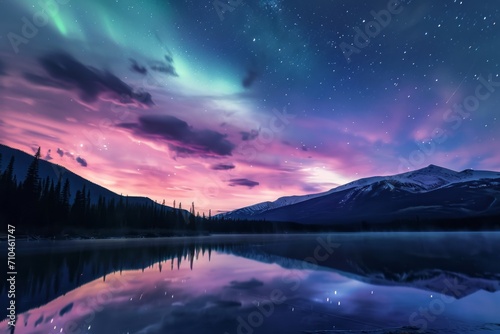 Beautiful aurora sky and lake. Generative AI © Zero Zero One