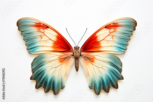 Beautiful colorful bright multicolored tropical butterflies with wings spread in flight isolated on white background, close-up macro. © missty