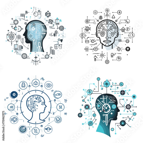 AI in Human Resources HR Icons with AI Brain .simple isolated line styled vector illustration