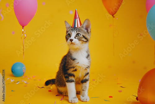 A cute cat on yellow background, birthday card