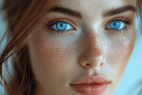 A woman with freckles and blue eyes is facing one direction, close up