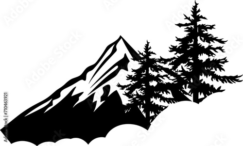 Mountain with pine trees and landscape black on white background. Vector illustration mountain with pine trees on white background. AI generated illustration.