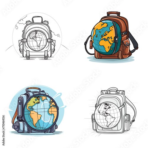 Virtual Field Trip Globe and Backpack .simple isolated line styled vector illustration