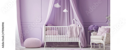 Detailed light purple photography of a baby girl bedroom with a baby bed mobile, indoor, light purple © Nate
