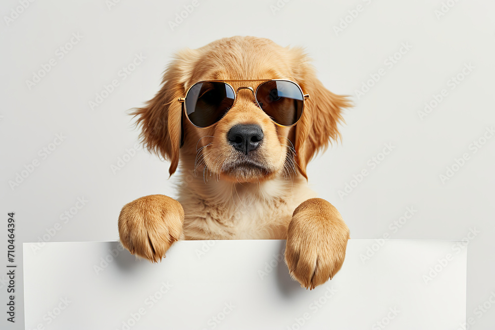 Funny Golden Retriver puppy wearing sunglasses holds empty placard above empty white banner