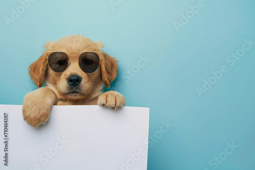Funny Golden Retriver puppy wearing sunglasses holds empty placard above empty banner