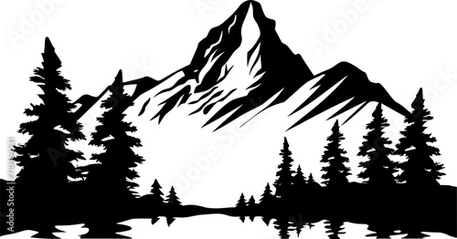 Mountain Forest Tree Landscape Silhouette Vector. AI generated illustration.
