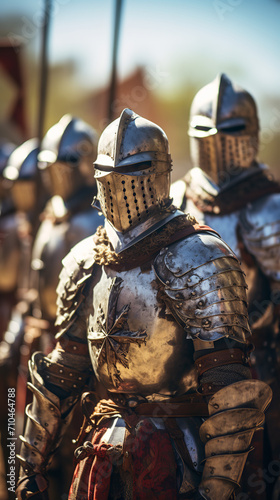 Line of English knights in full armor, standing in formation, realistic medieval England setting