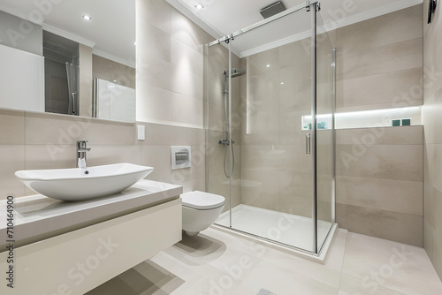 Spacious bathroom in white Design with heated floors, walk-in shower, sink vanity and skylights.