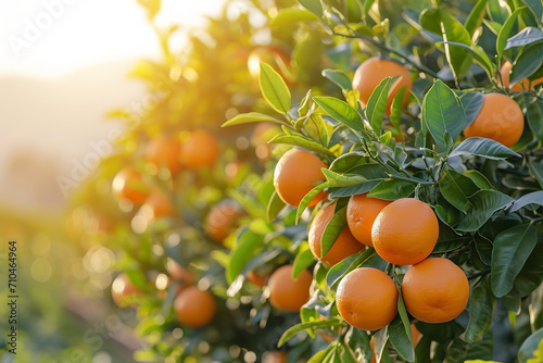 Oranges in an orange field ready for harvest in the morning light of agricultural work are dazzling and shining