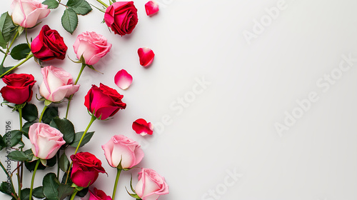 Pink and red roses in a clean white background with a copy space #710465196