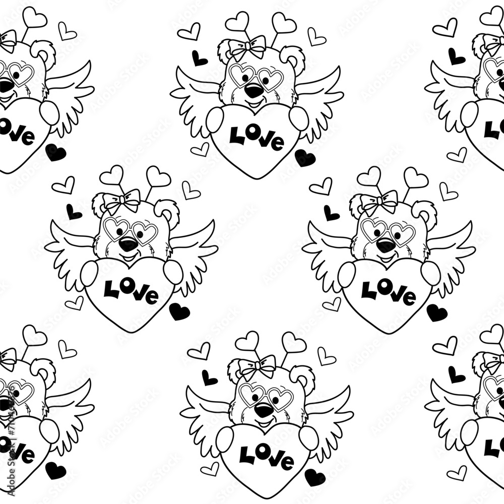 Obraz premium Cute teddy bear in love with heart seamless, pattern. Vector cartoon illustration. Valentine's сoloring book for children