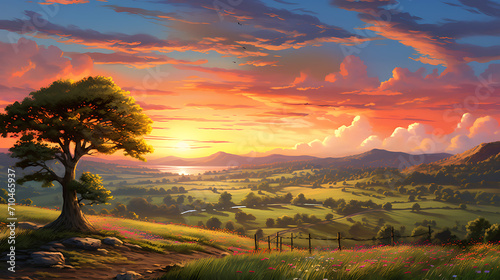  a peaceful countryside scene at sunset, with rolling hills and a colorful sky, portraying the beauty of rural nature in realistic HD detail