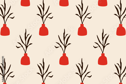 Modern Art Design, seamless flower pattern. Vase and Plants in a Pot with an Abstract Background
