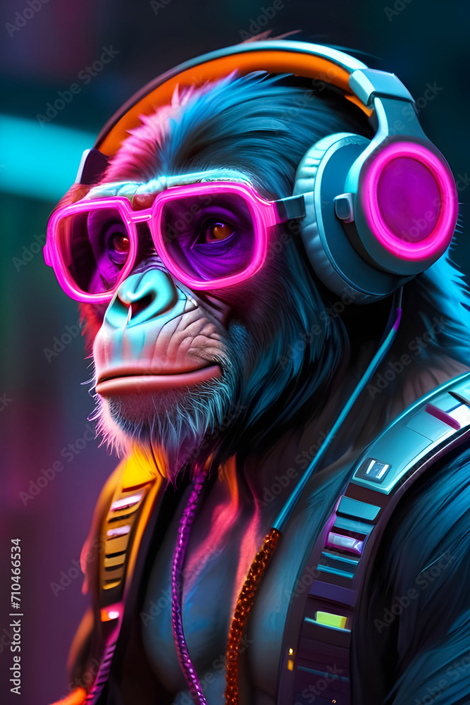 Futuristic inspired Cyber Monkey wearing sunglasses and headphone digital drawing art , Funky Chimpanzee in neon light background in cyberpunk style