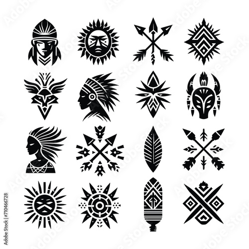 SIXTEEN BLACK AND WHITE ICON SET OF INLAND TRIBAL VECTOR
