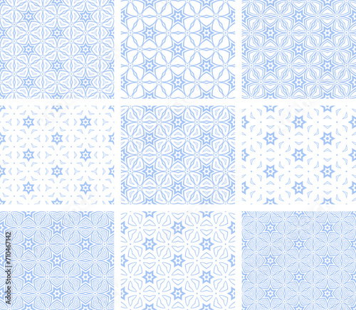 Abstract Seamless Geometric Light Blue and White Patterns Set.