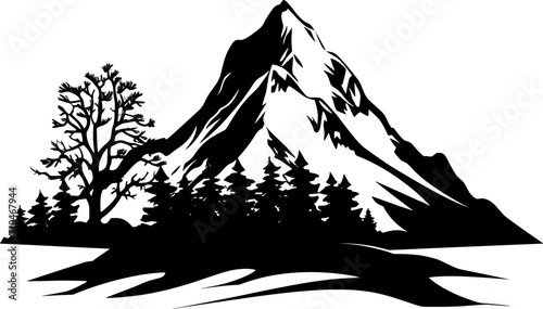 Black silhouette of mountains and forest fir trees camping landscape panorama illustration icon vector for logo  isolated on white background. AI generated illustration.